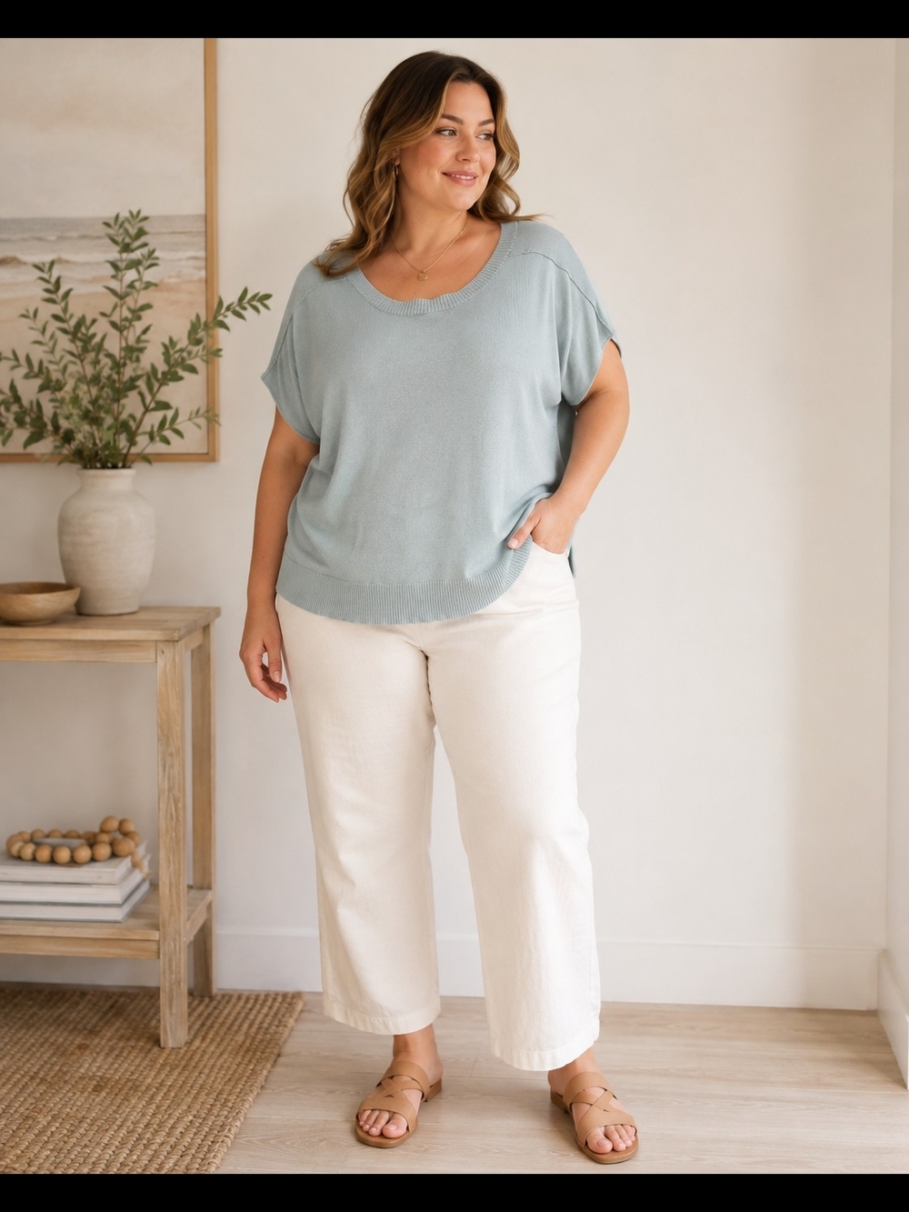 Adrianna Papell 1X Sage Gray Short Sleeve Knit Sweater Top NWT